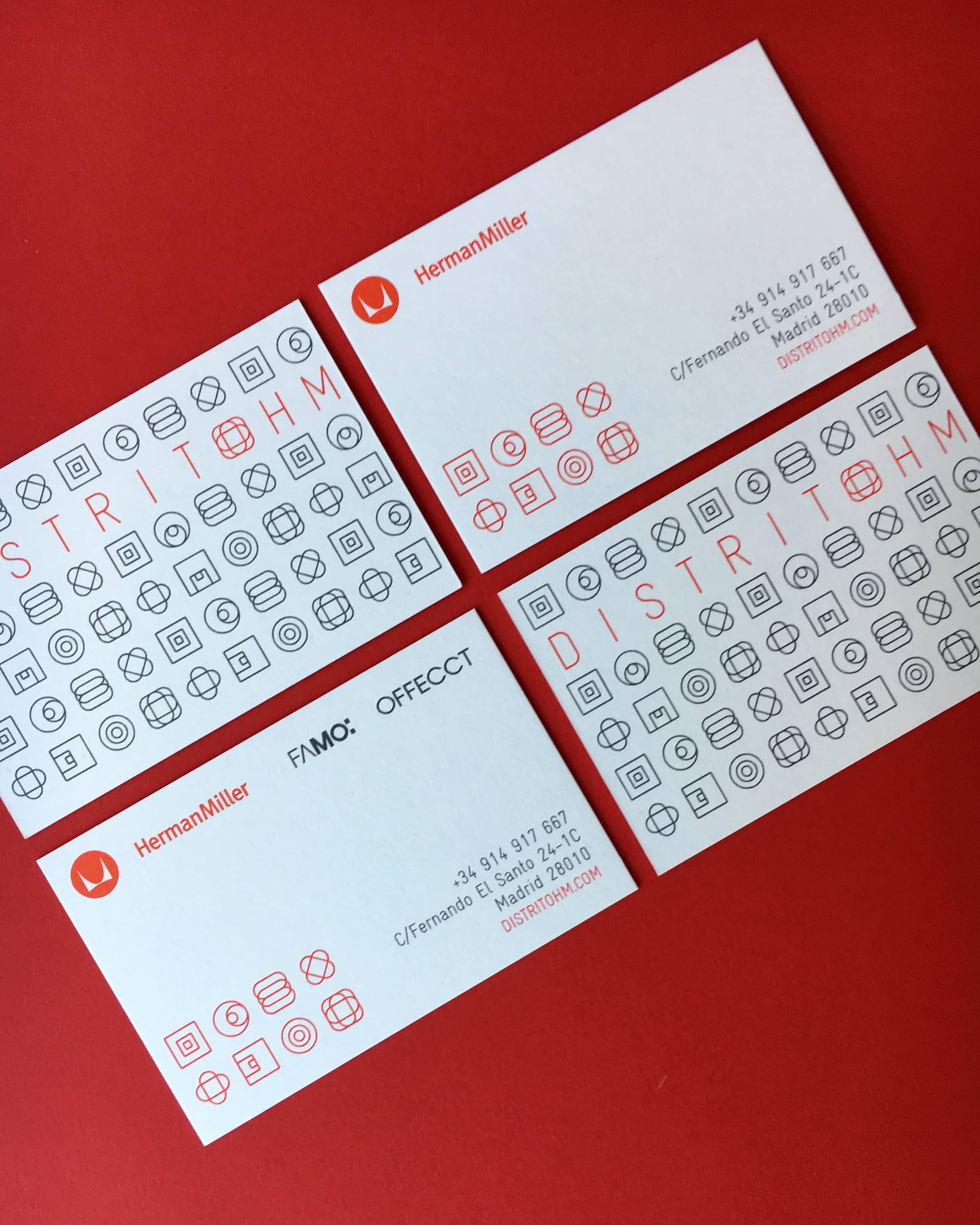 Distrito HM business cards design with Herman Miller, Offecct and Famo logos
